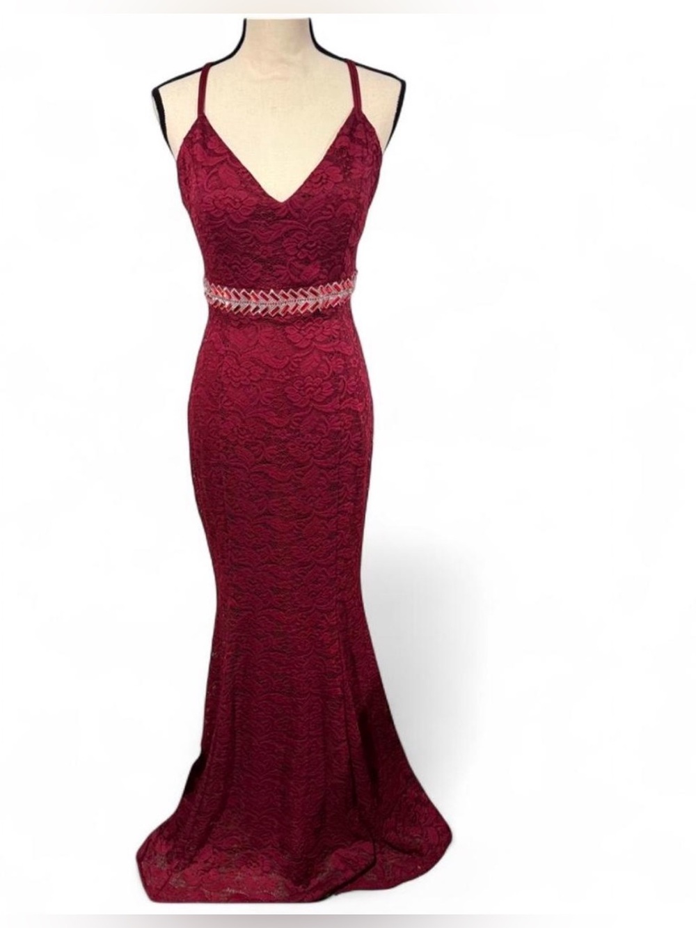 Burgundy Lace Maxi Dress – Size L